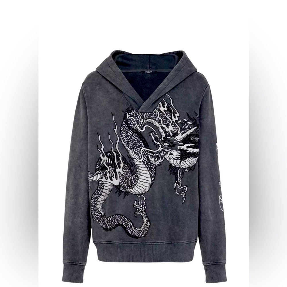 Balmain  Dragon-Embroidered Cotton Hoodie